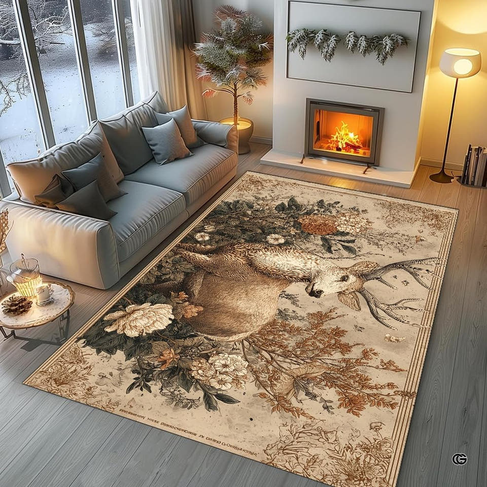 Vintage botanical deer stag antique tapestry area rug in living room by fireplace