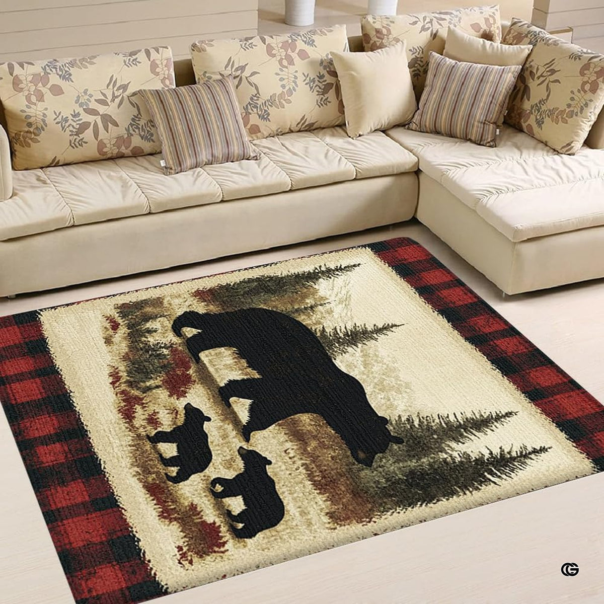 Floor mockup highlighting the bear family rug beside sofa furnishings - image 2 of 5
