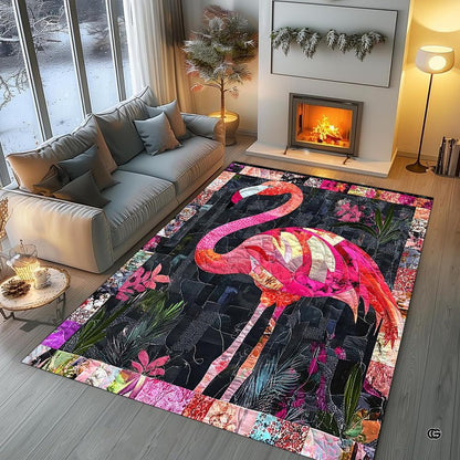 Living room seating arrangement with roaring fireplace and flamingo patchwork rug on light hardwood - thumbnail image 5 of 8