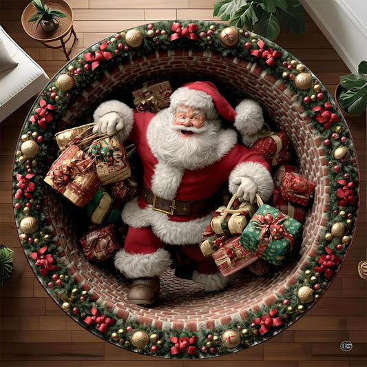 Round Santa chimney rug with wrapped gifts and festive garland