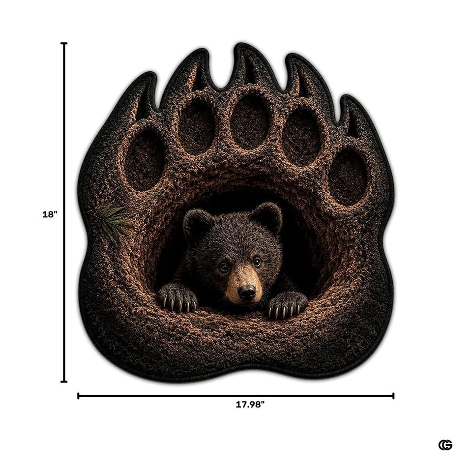Grizzly bear paw cub cave shaped area rug in angled room view