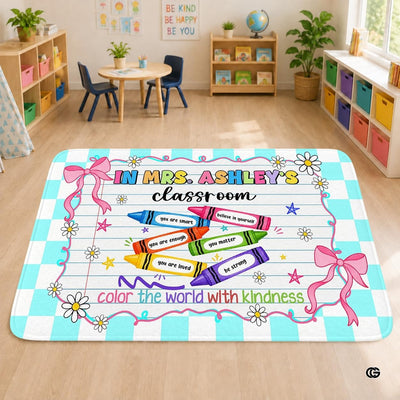Personalized Teacher Classroom Rug, Custom Back to School Welcome Mat with Name, Kindergarten Preschool Elementary Decor, Composition Notebook Carpet (A06)