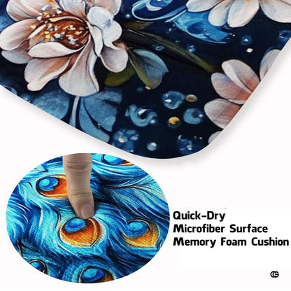 Close-up of decorative peacock area rug displaying golden-amber eyespots and blush petals. - thumbnail image 3 of 8
