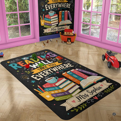 Inspirational reading area rug styled on hardwood flooring in classroom. - thumbnail image 4 of 7
