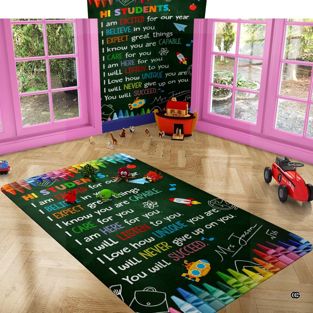 Classroom study setting featuring chalkboard area rug paired with colorful learning decor.