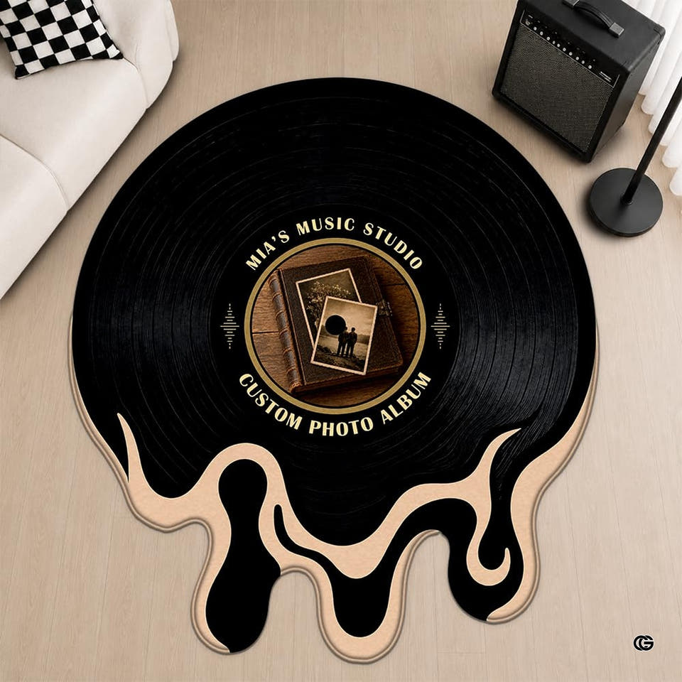 Melting black vinyl record rug with rounded drips