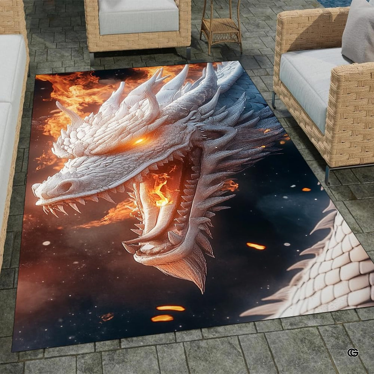 Angled perspective showing roaring mythical white dragon area rug on hardwood flooring.