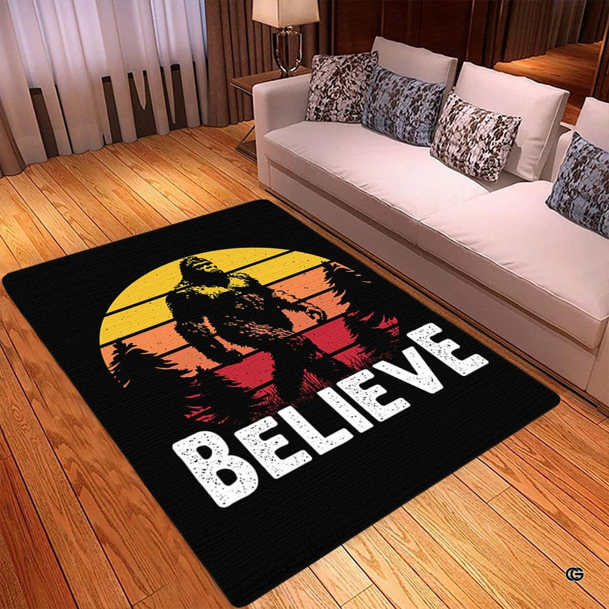 Living room styling with retro Bigfoot sunset silhouette area rug displayed under wooden furnishings.
