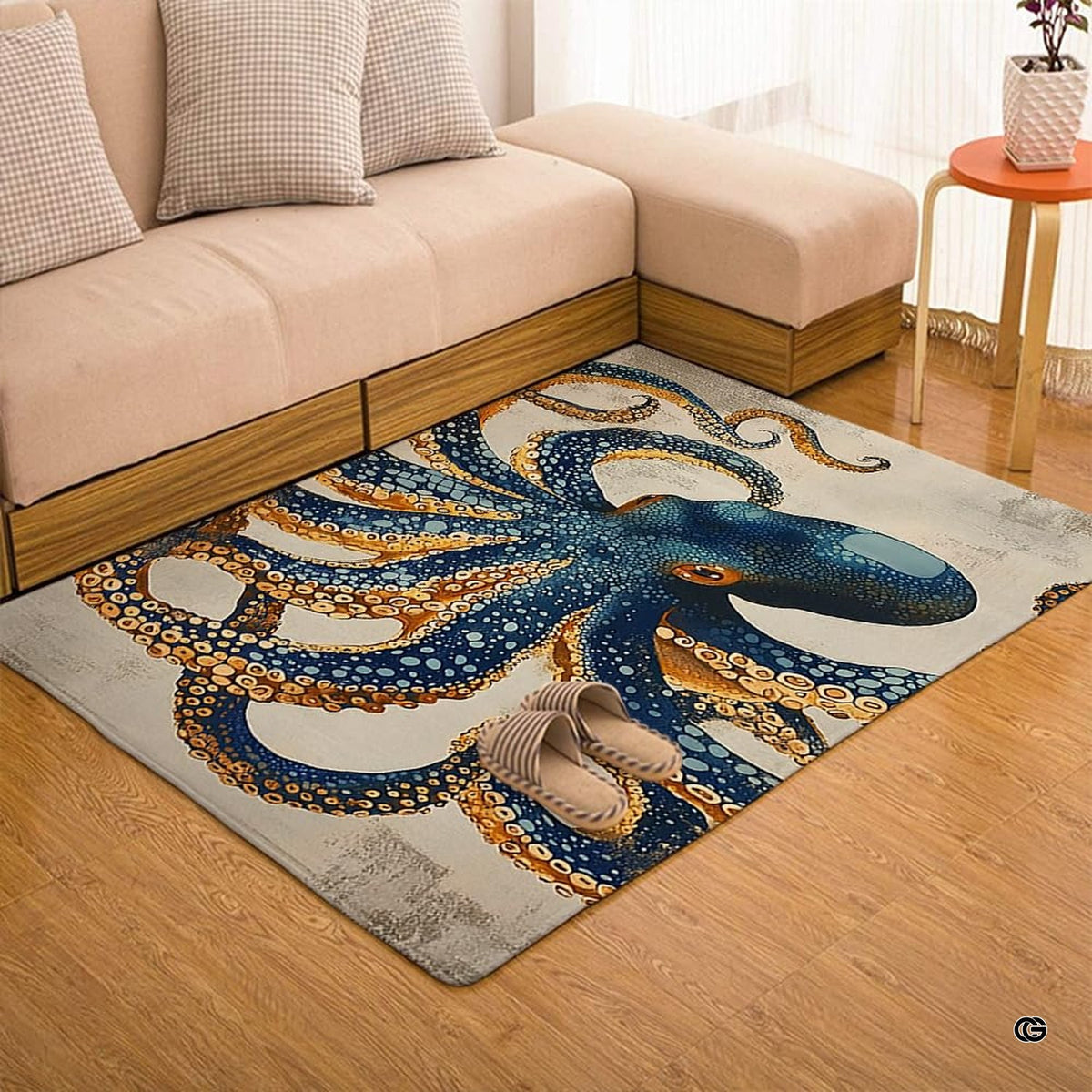Overhead view of coastal maritime kraken octopus theme area rug in room.