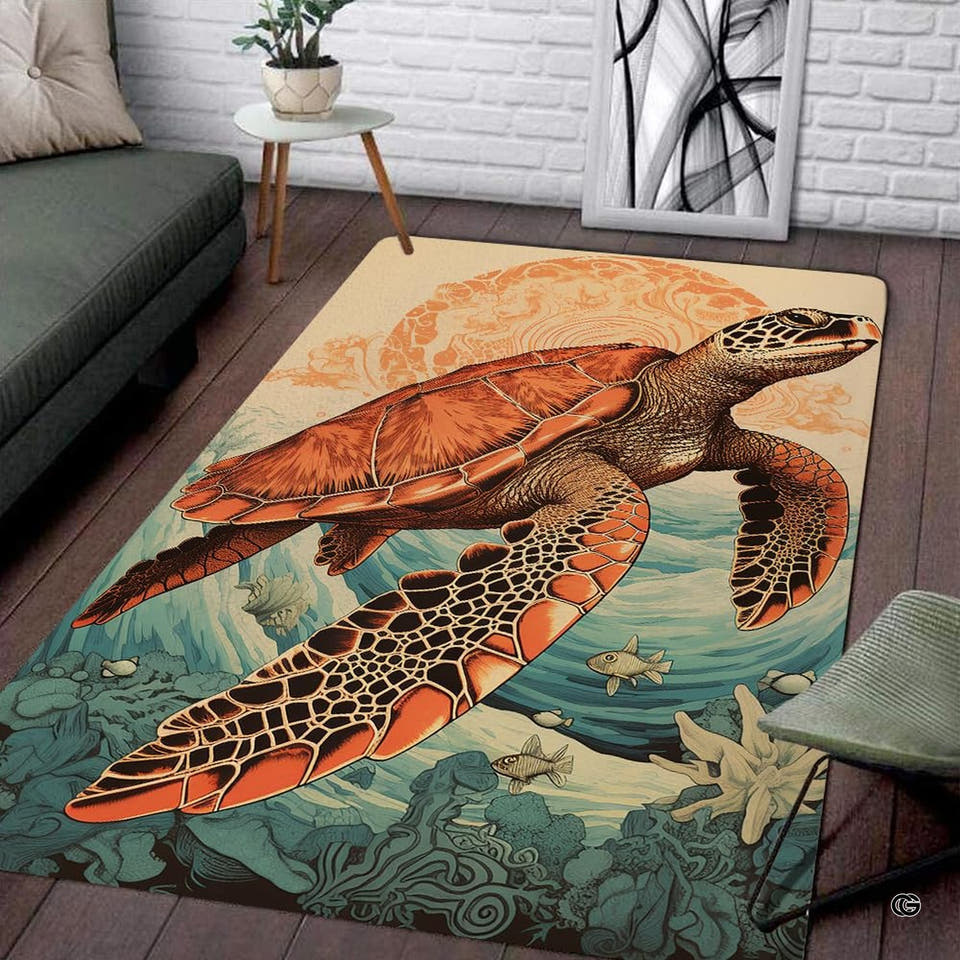 Living room setting featuring a vintage coral reef sea turtle coastal area rug