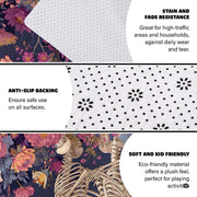 Closeup detail of printed skeletons, purple floral petals, and butterfly wings - thumbnail image 6 of 8