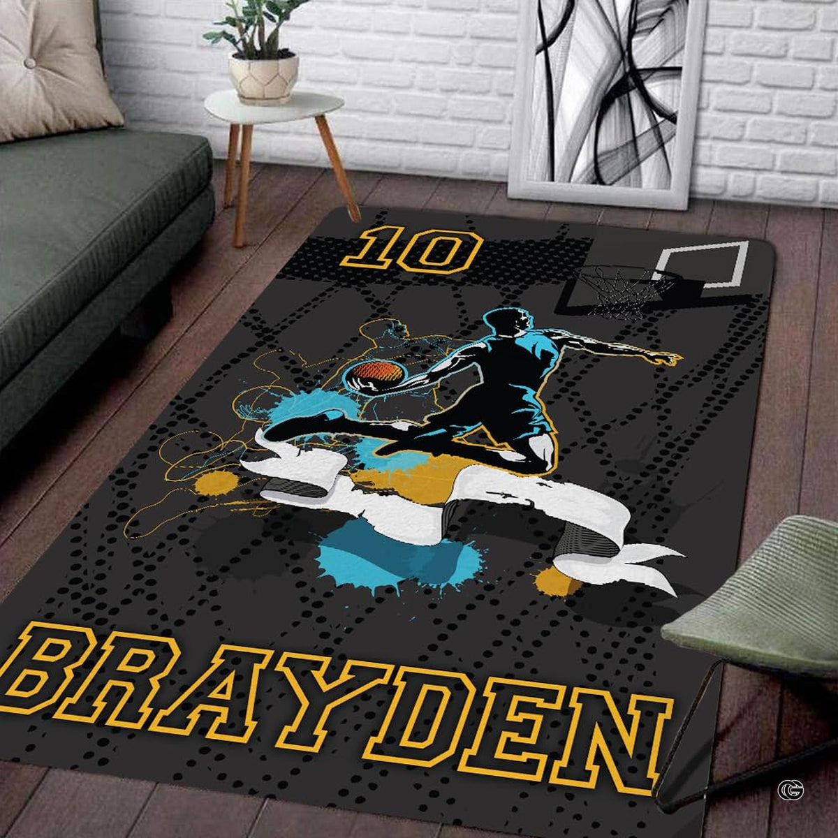 Slam Dunk Basketball Area Rug displaying an airborne player silhouette with vibrant blue and orange paint splatters.