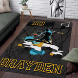 Slam Dunk Basketball Area Rug displaying an airborne player silhouette with vibrant blue and orange paint splatters.