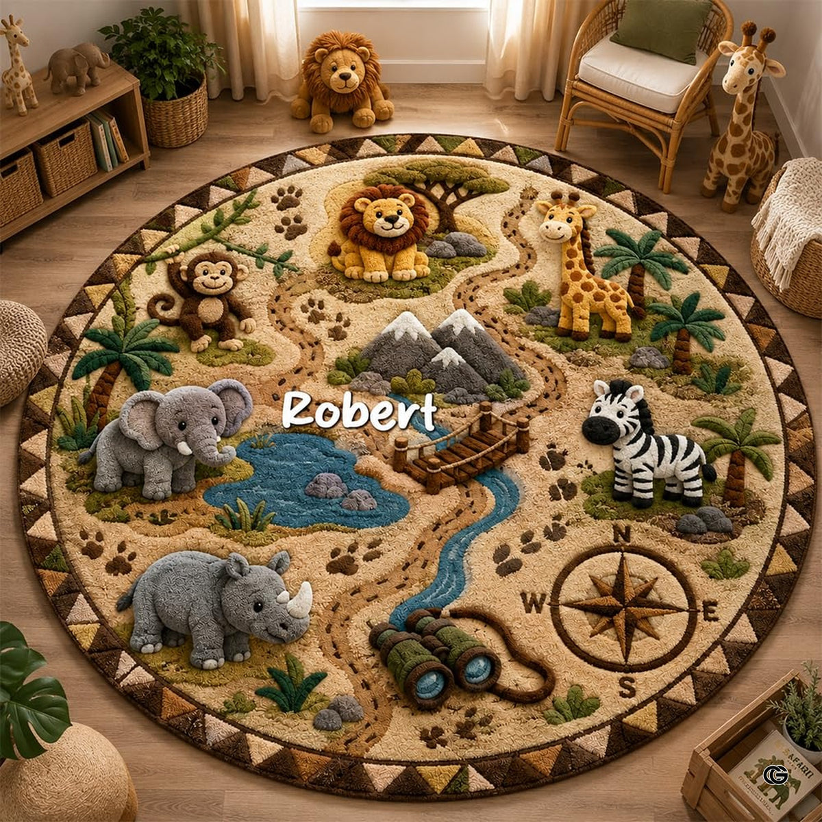 Full overhead circular layout of safari animal adventure area rug featuring illustrated savanna creatures and map route