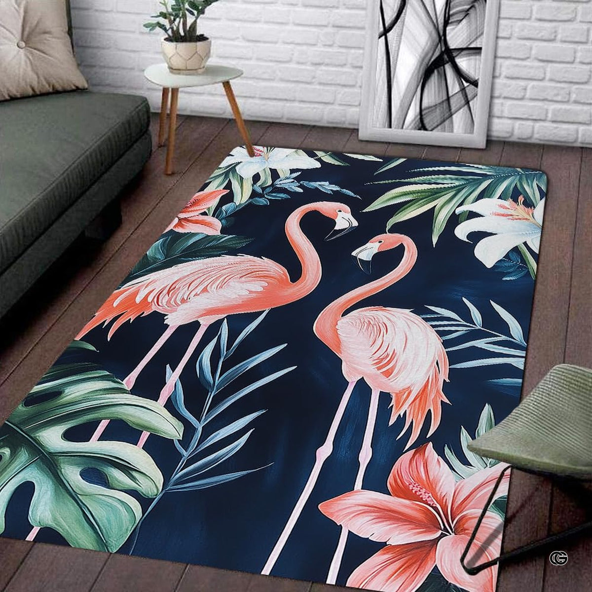 Close-up of tropical pink flamingo illustration with hibiscus flowers