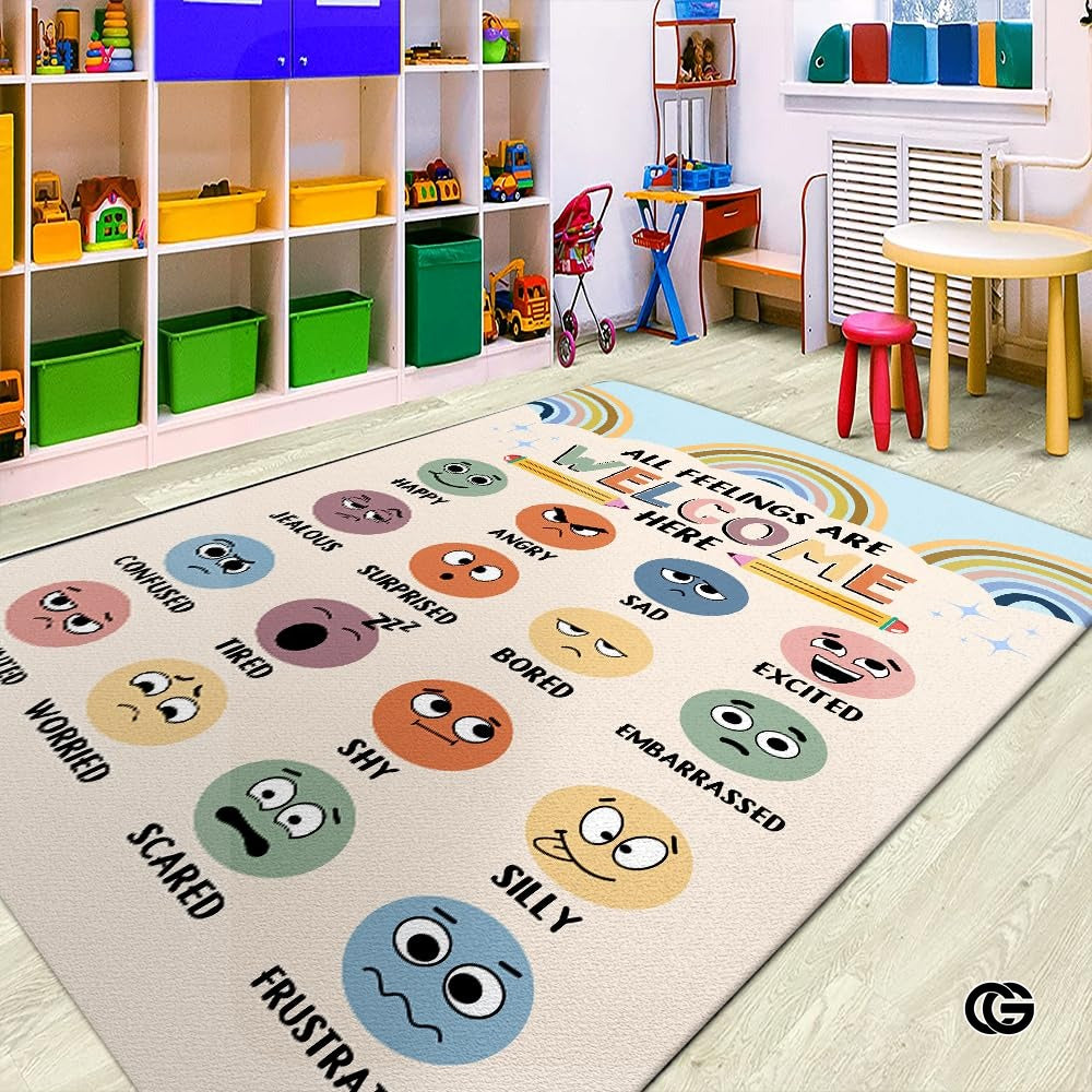 Custom Feelings Chart Welcome Mat for Classroom and Nursery - Feelings Chart / 3' x 5' (Rectangular)