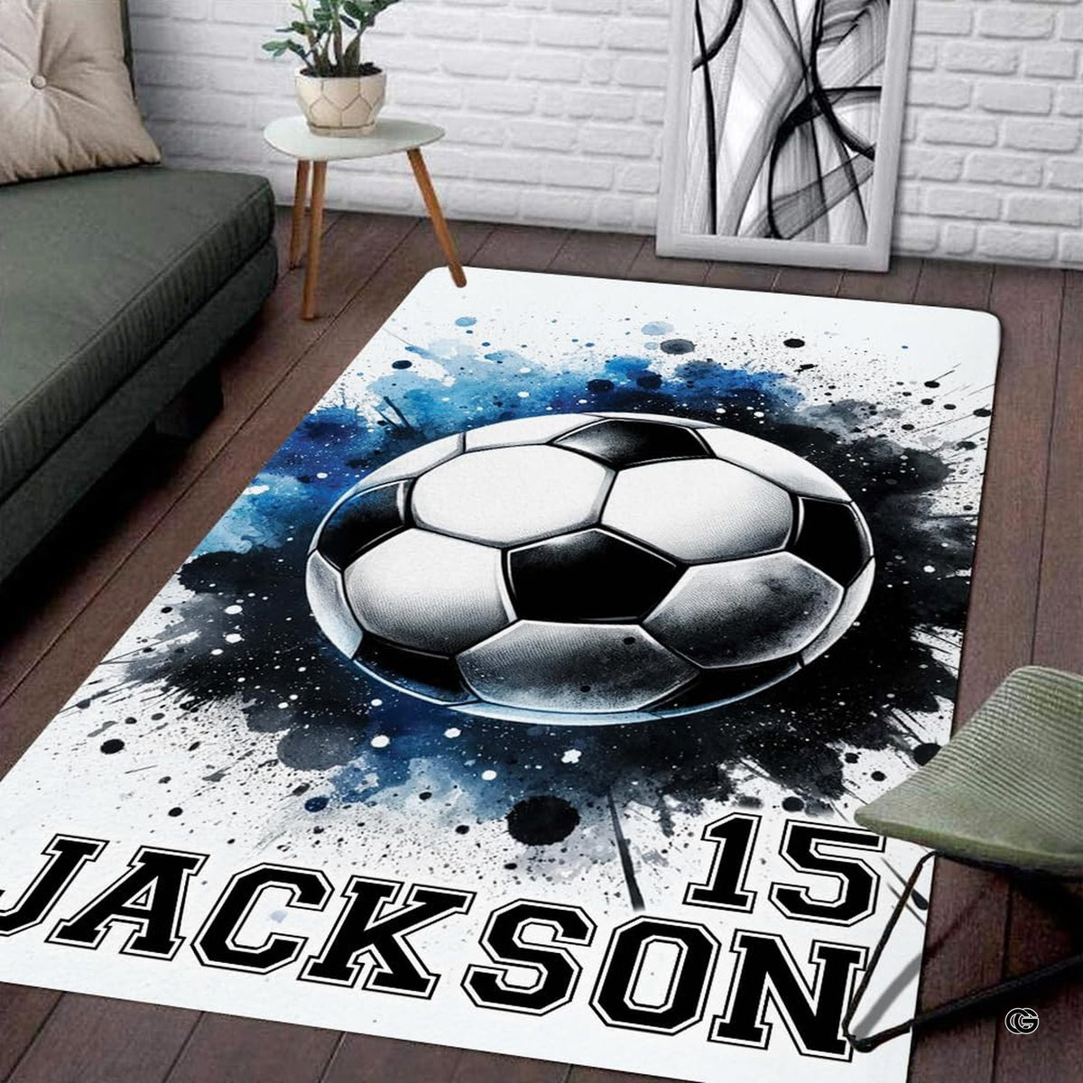 Soccer ball watercolor sports floor rug placed in bedroom setting