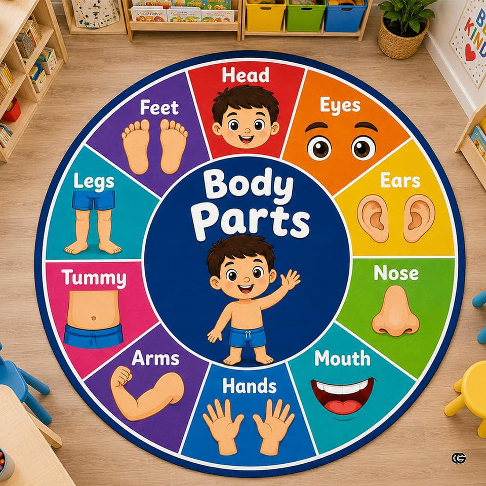 Circular classroom area rug with rainbow segments and friendly cartoon illustrations for thematic accent learning.