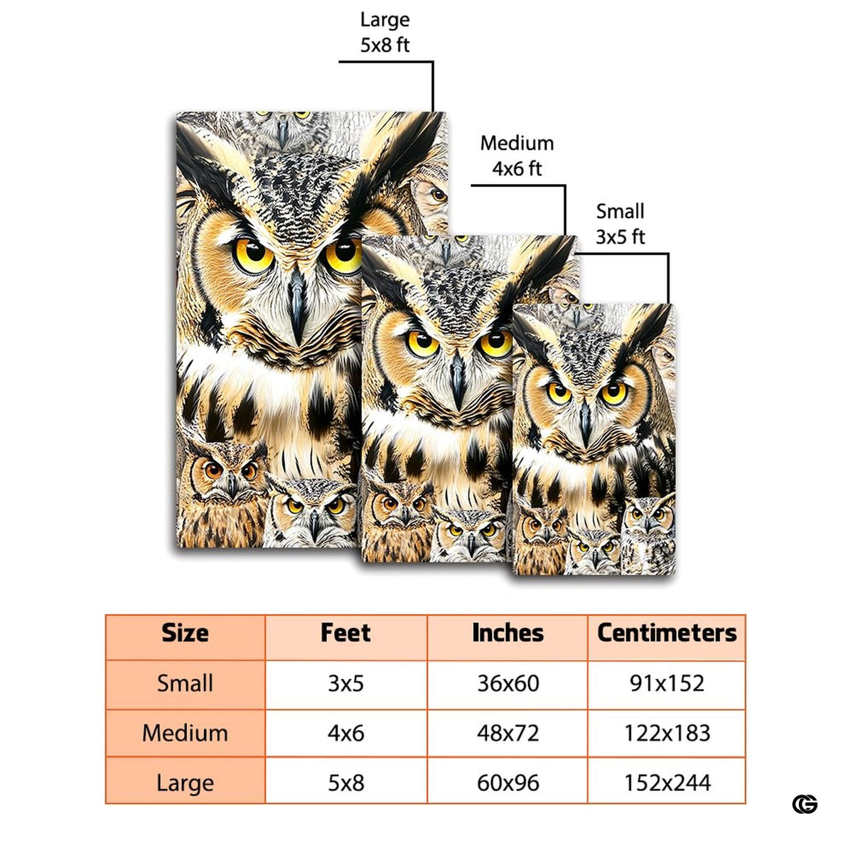 Close-up detail of realistic horned owl facial discs and patterned feather artwork on a graphic area rug.