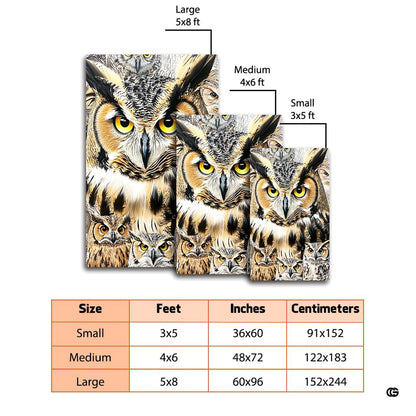 Close-up detail of realistic horned owl facial discs and patterned feather artwork on a graphic area rug. - thumbnail image 2 of 8
