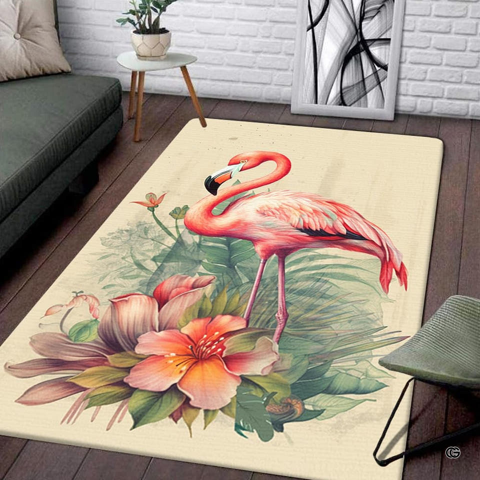 Tropical botanical area rug displaying an elegant pink flamingo among hibiscus flowers.