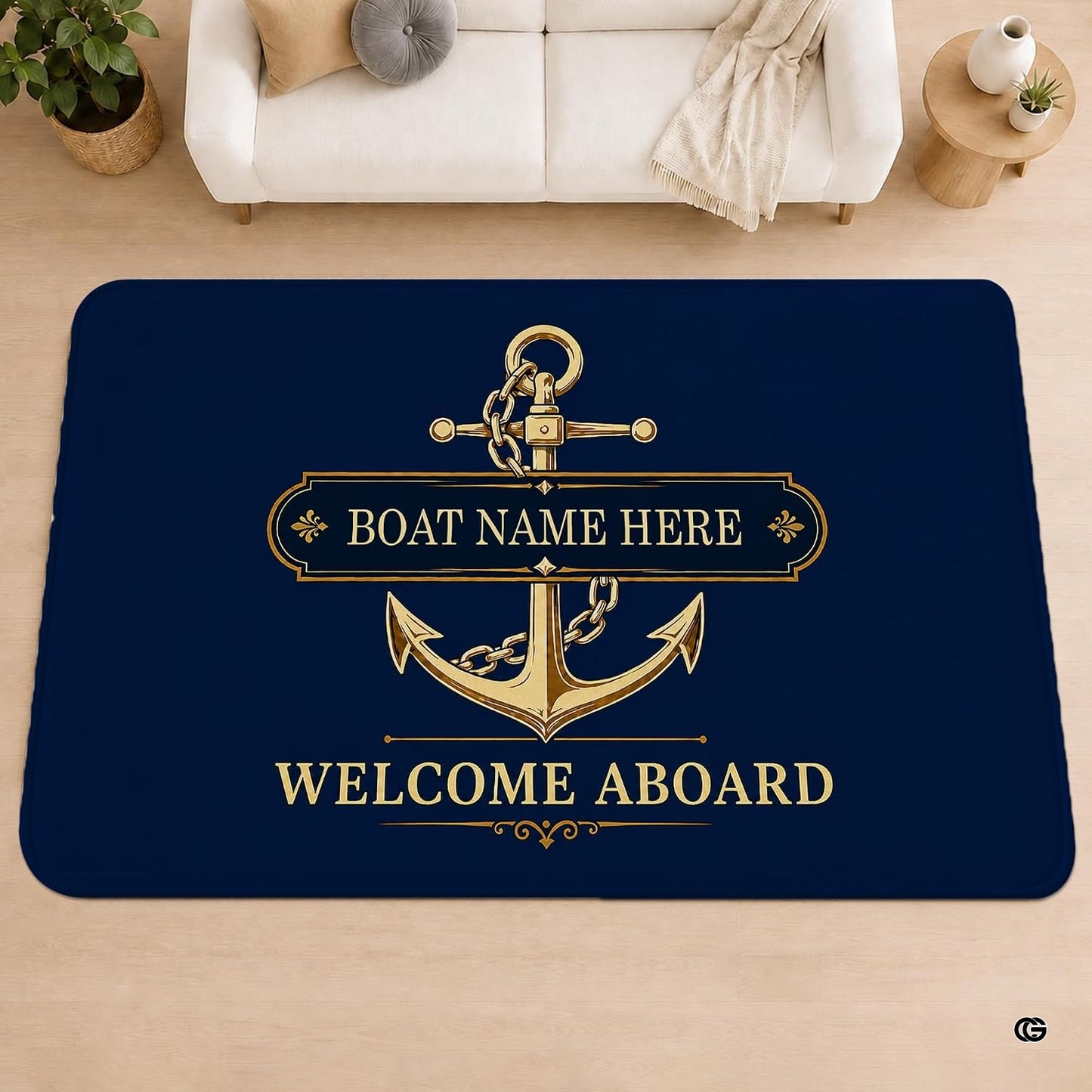 Custom Boat Rug, Personalized Welcome Aboard Mat with Boat Name, Nautical Area Rug for Deck, Entryway or Floor, Anchor Marine Decor, Boating Gift (Boat Rug 09)