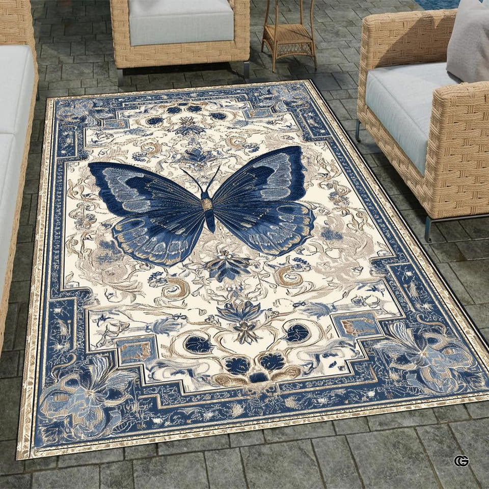 Vintage French baroque blue butterfly ivory area rug in primary perspective