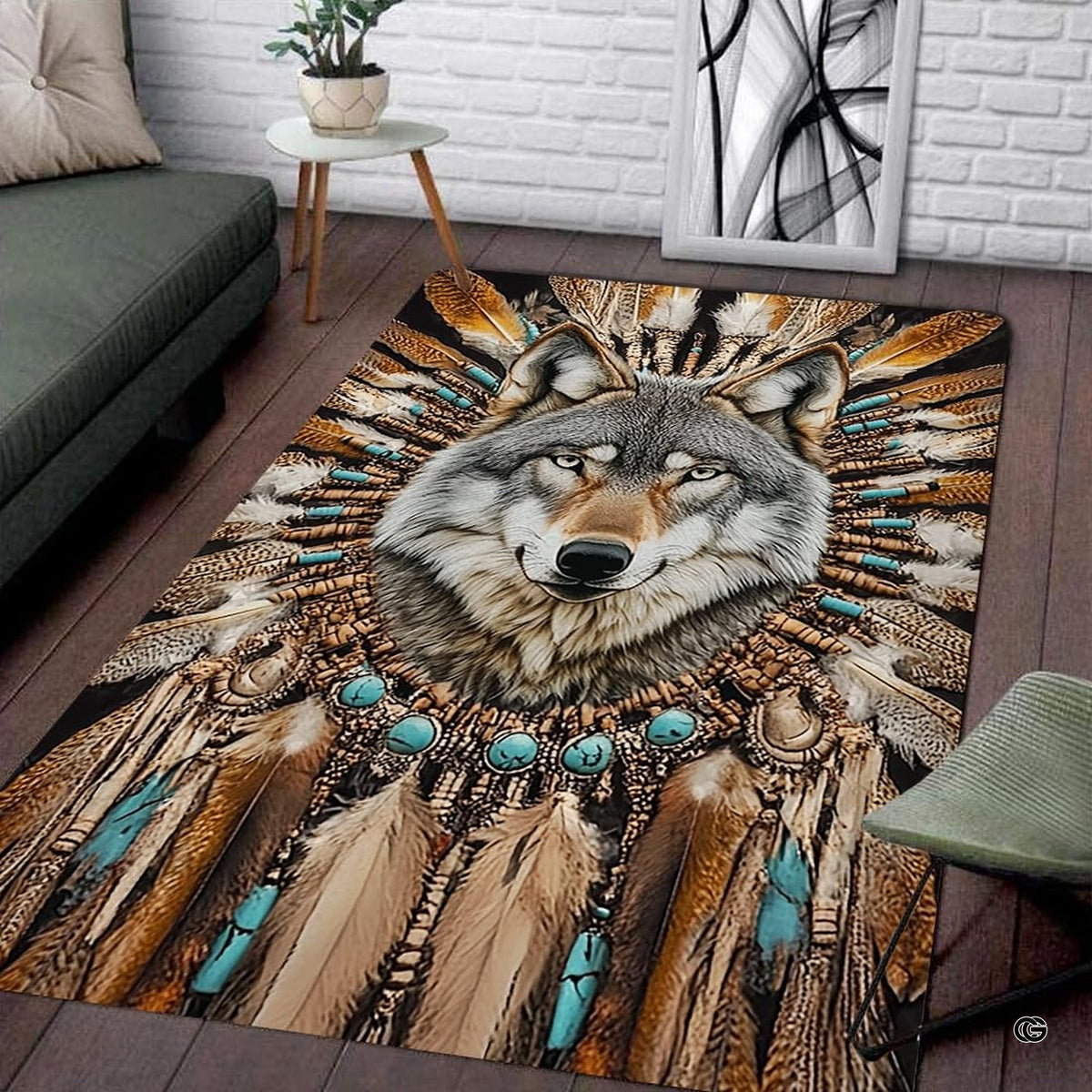 Native area rug featuring a gray wolf portrait surrounded by feathered headdress artwork and turquoise stones.