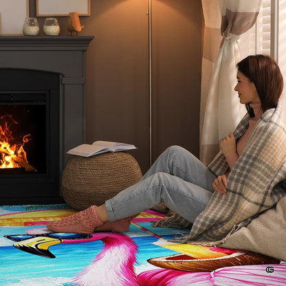 Interior styling presentation of coastal flamingo motif rug in a sunroom setting. - thumbnail image 8 of 8