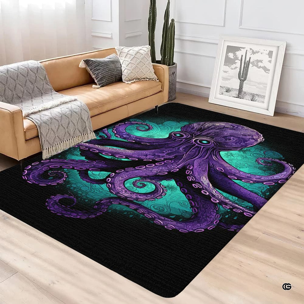 Purple kraken octopus area rug styled on hardwood flooring in living room.
