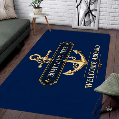 Custom Boat Rug, Personalized Welcome Aboard Mat with Boat Name, Nautical Area Rug for Deck, Entryway or Floor, Anchor Marine Decor, Boating Gift (Boat Rug 09)