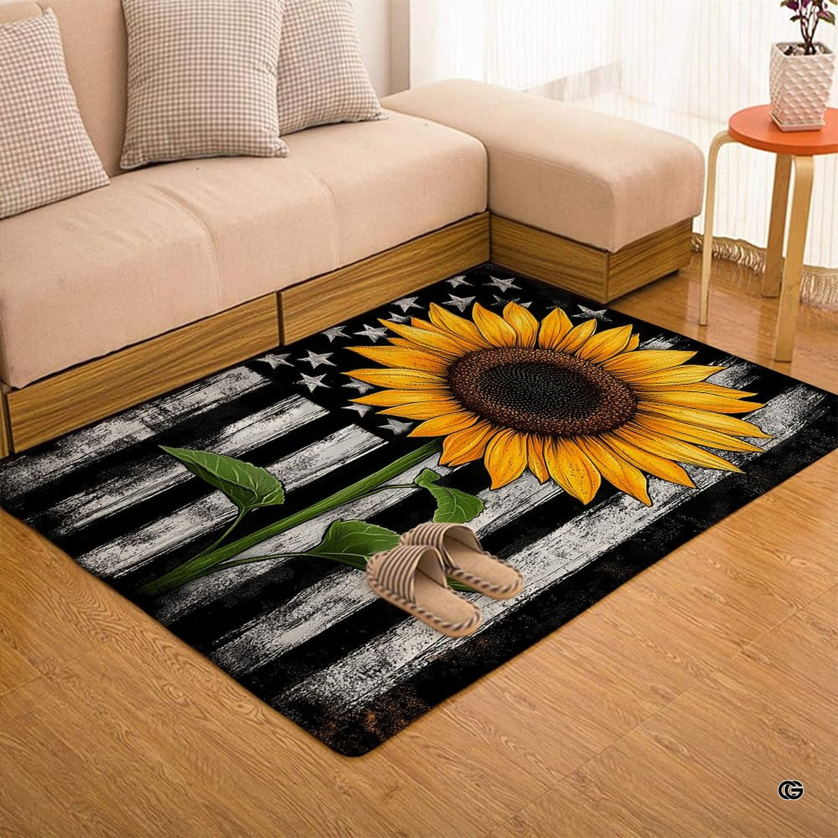 Overhead flat perspective of rectangular sunflower American flag area rug - image 7 of 7