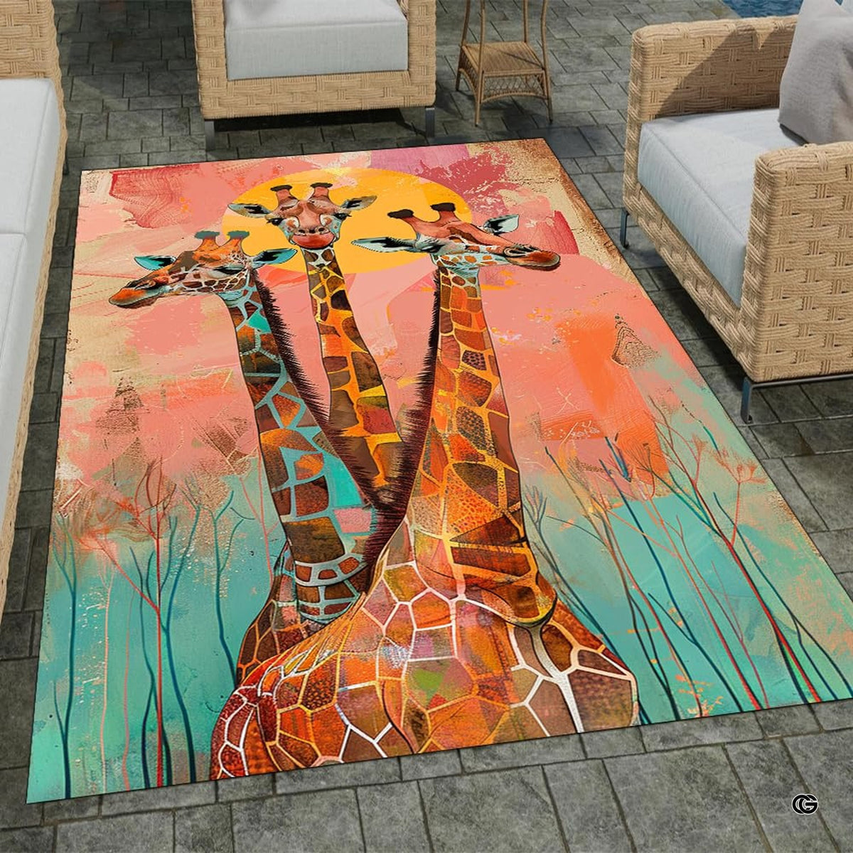 Patio stone lounge with wicker seating featuring the artistic three giraffes rug - image 2 of 7