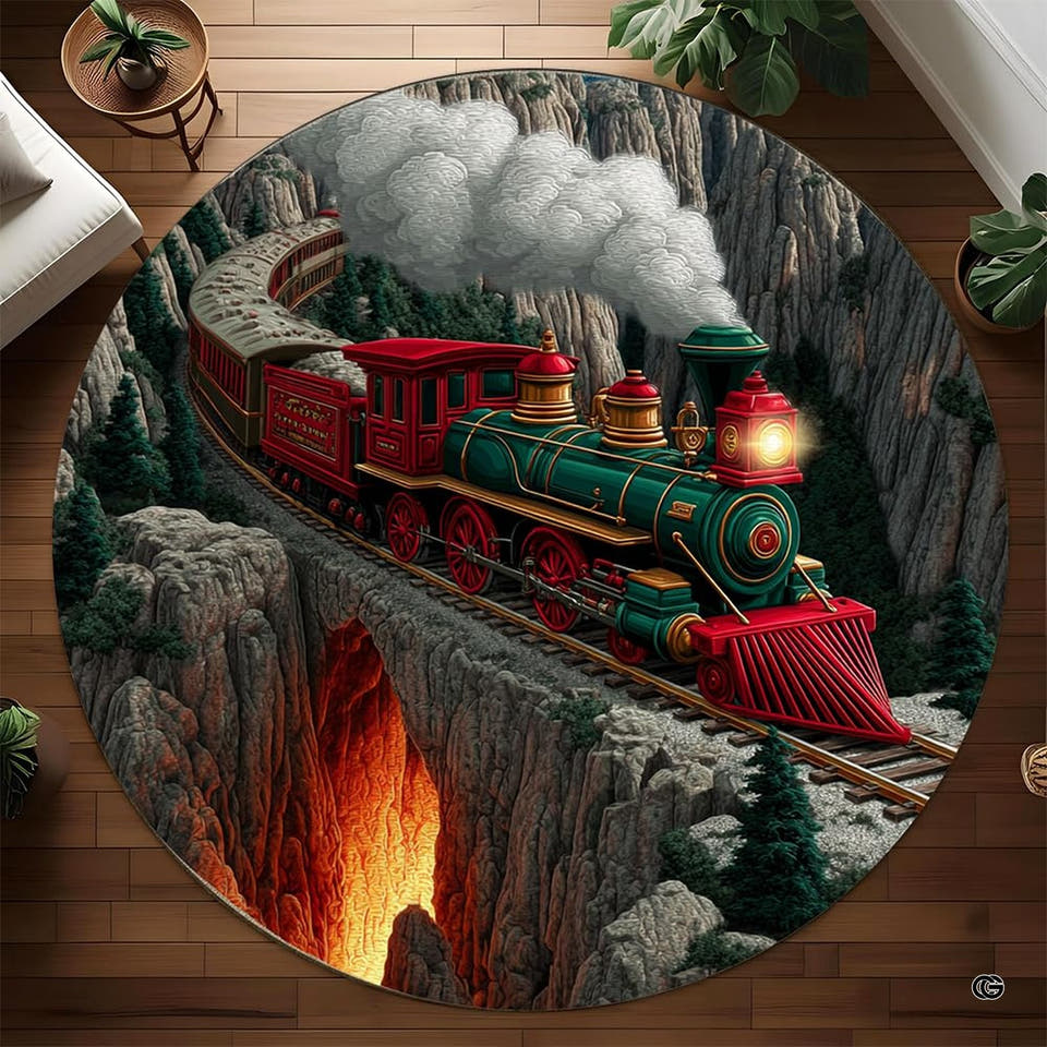 Vintage steam train round area rug depicting an emerald locomotive crossing a mountain railway bridge.