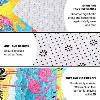 Infographic illustrating anti-slip backing, stain resistance, and kid-friendly plush microfiber - thumbnail image 4 of 8