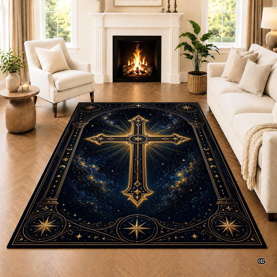 Celestial golden cross area rug positioned on a wood floor in front of a fireplace