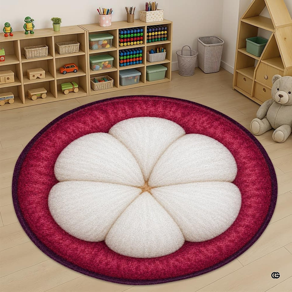 Round mangosteen slice rug in a bright nursery