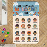 Overhead view of educational emotions rug featuring scalloped cloud borders and baby blue details. - thumbnail image 2 of 7