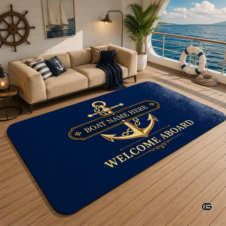 Custom Boat Rug, Personalized Welcome Aboard Mat with Boat Name, Nautical Area Rug for Deck, Entryway or Floor, Anchor Marine Decor, Boating Gift (Boat Rug 09)