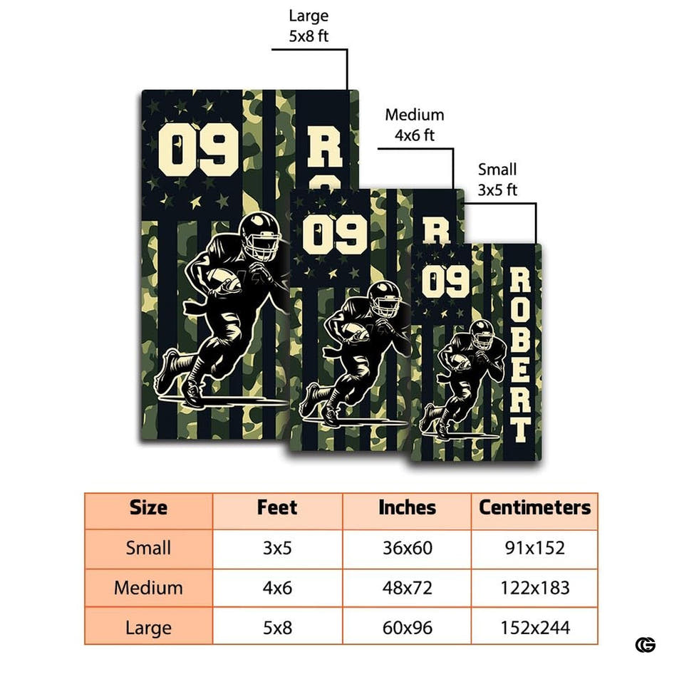 Overhead perspective of green camouflage sports area rug featuring diving football motif.