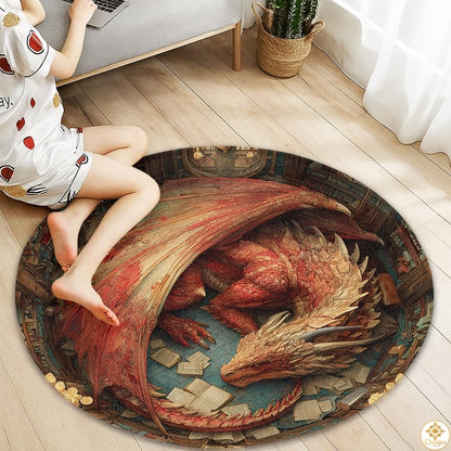 Personalized Dragon Round Rug with 3D Illusion and Low Pile