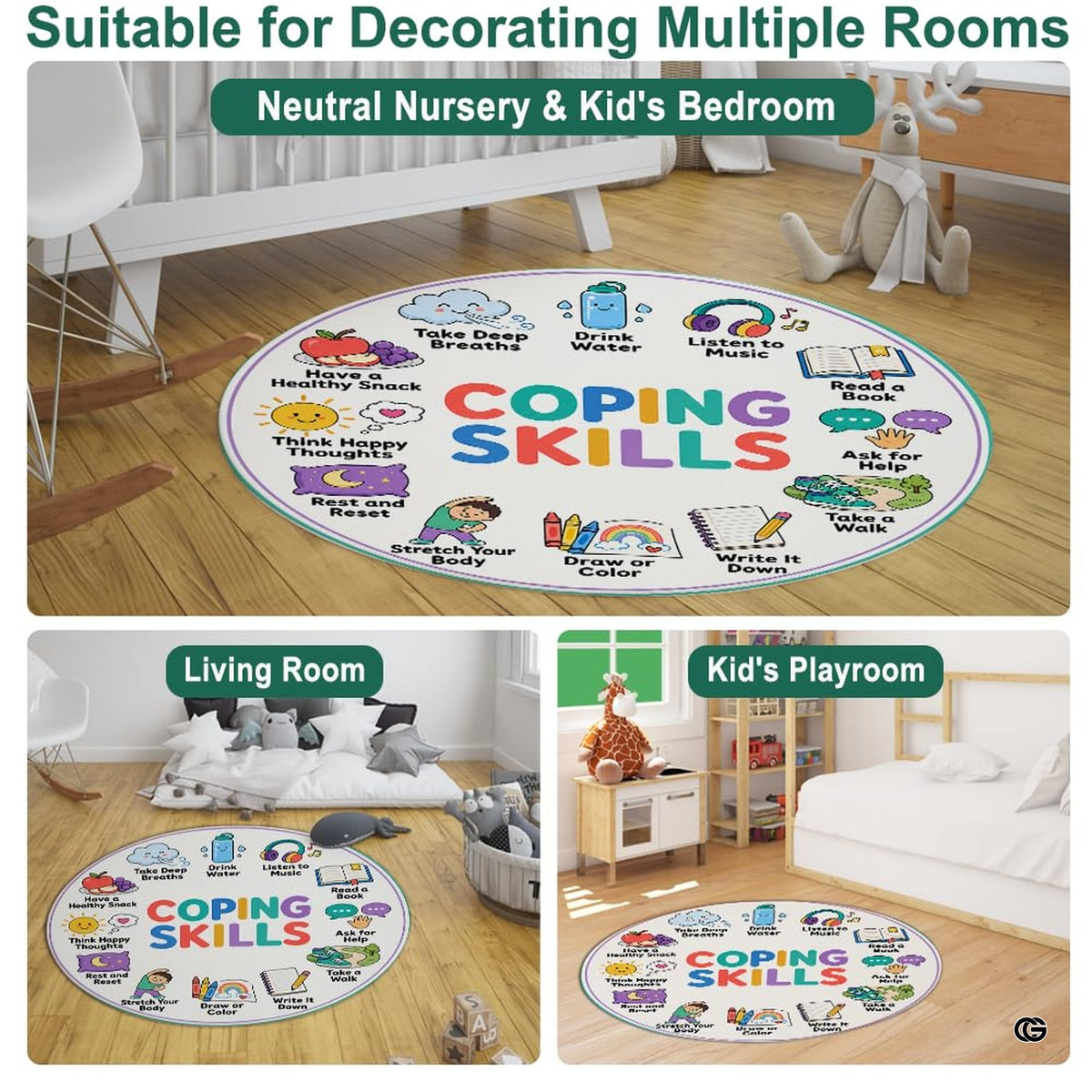 Quiet corner rug hooking inspired design showing soothing pastel tones and thematic accent thematic accent icons. - image 7 of 9