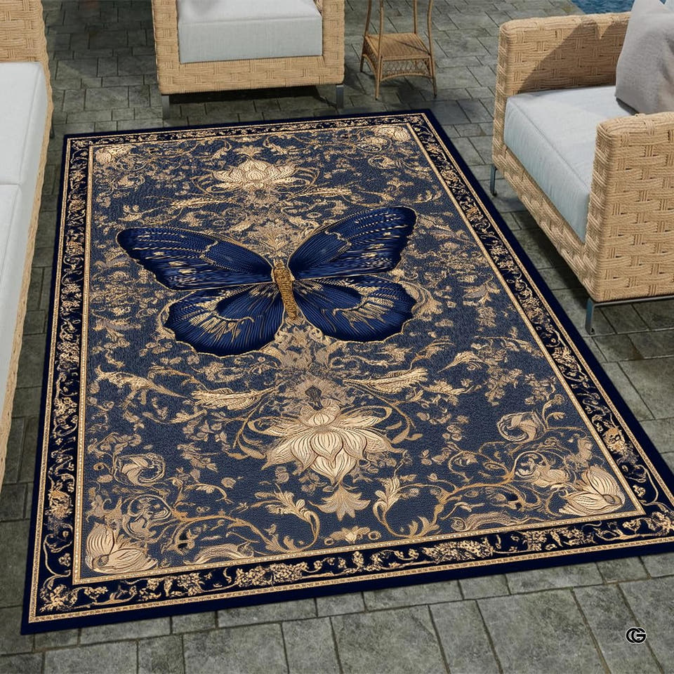 Royal blue butterfly baroque damask floral area rug in primary perspective