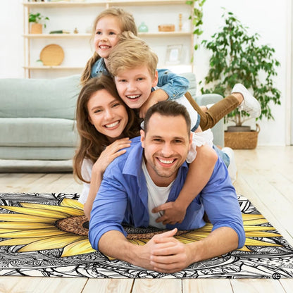 Lifestyle living room scene featuring family lounging on sunflower mandala area rug. - thumbnail image 5 of 7