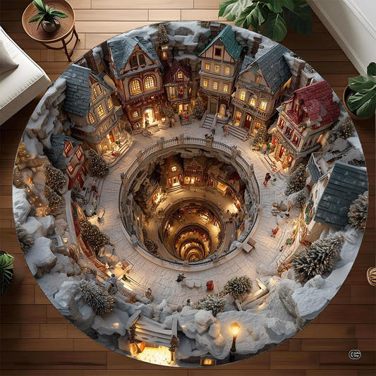 Circular snowy Christmas village rug with glowing buildings and deep tunnel illusion