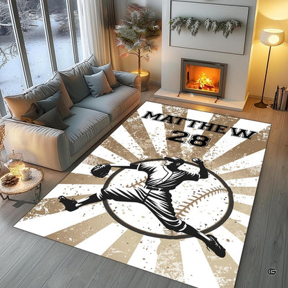 Sports den decor arrangement featuring baseball pitcher themed area rug centered in room. - thumbnail image 5 of 7