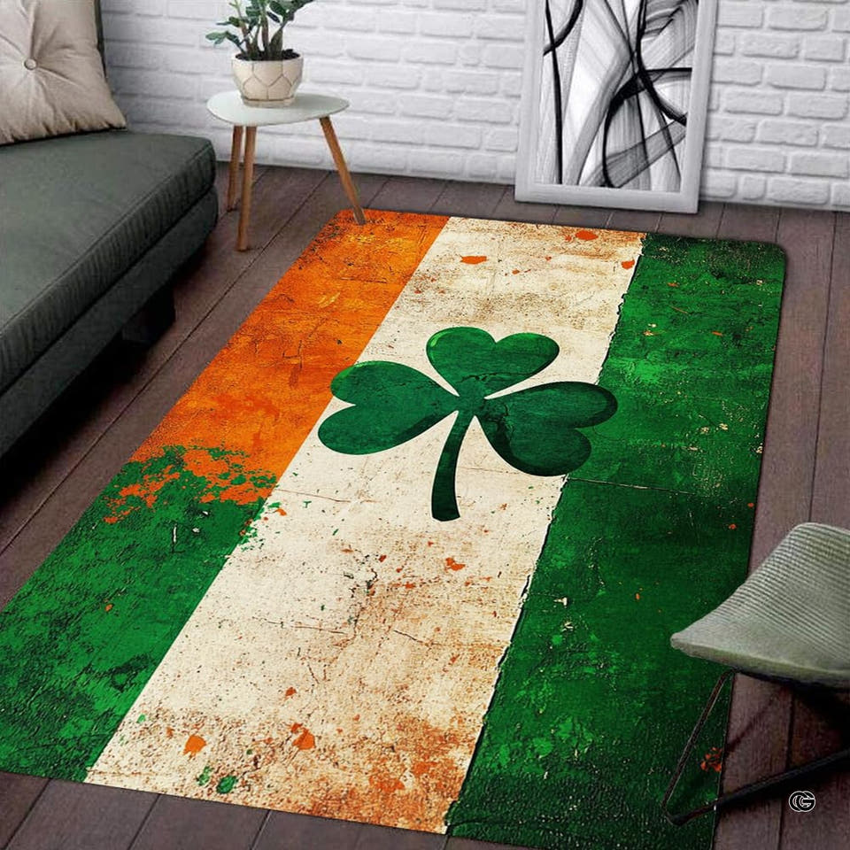 Vintage Irish flag shamrock distressed living room area rug with weathered tricolor stripes