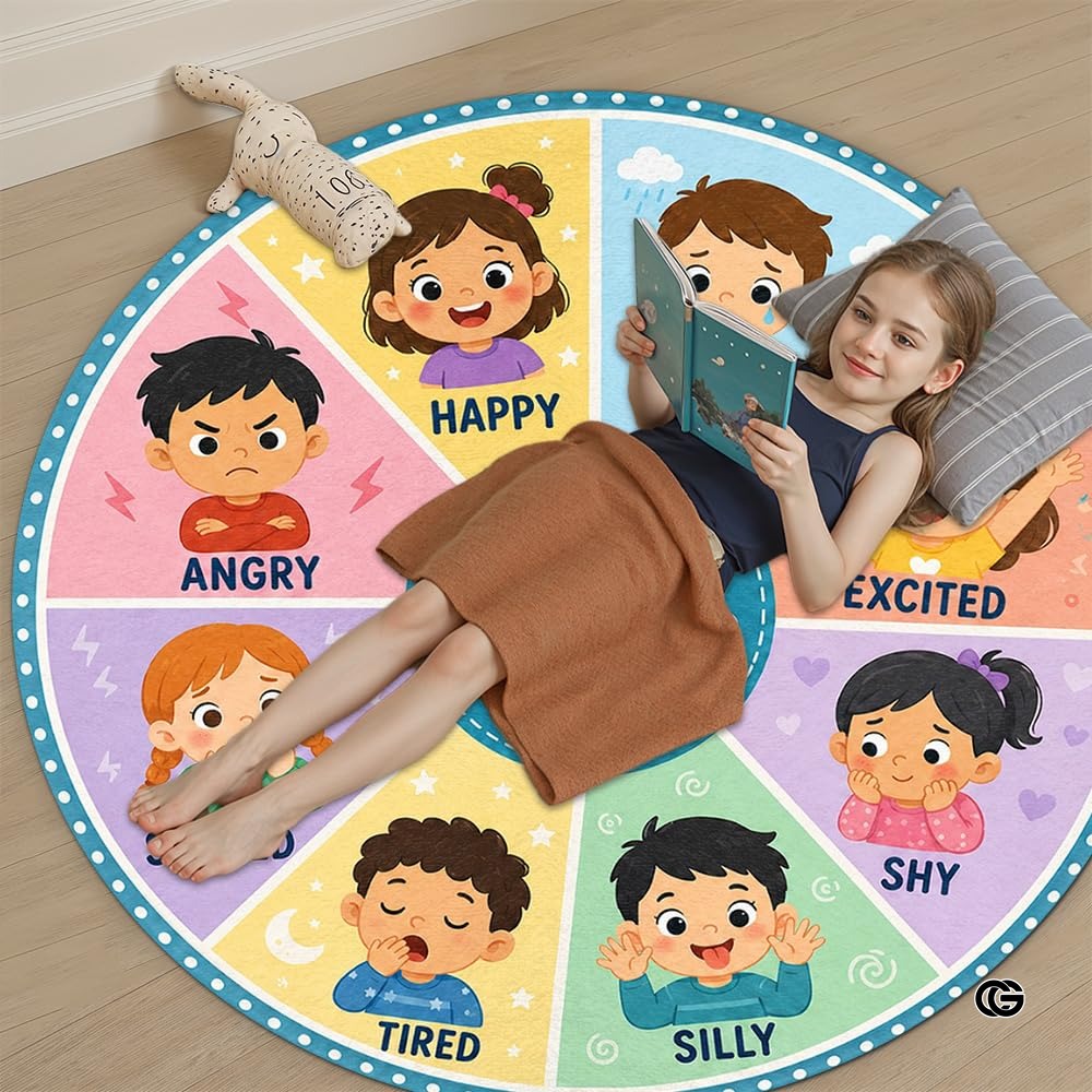 Wheel of Feelings and Emotions Round Rug, Educational Mental Health Rug for Classroom, Educational Animal Shape School Mat, Back to School Gift (Emotion 2)