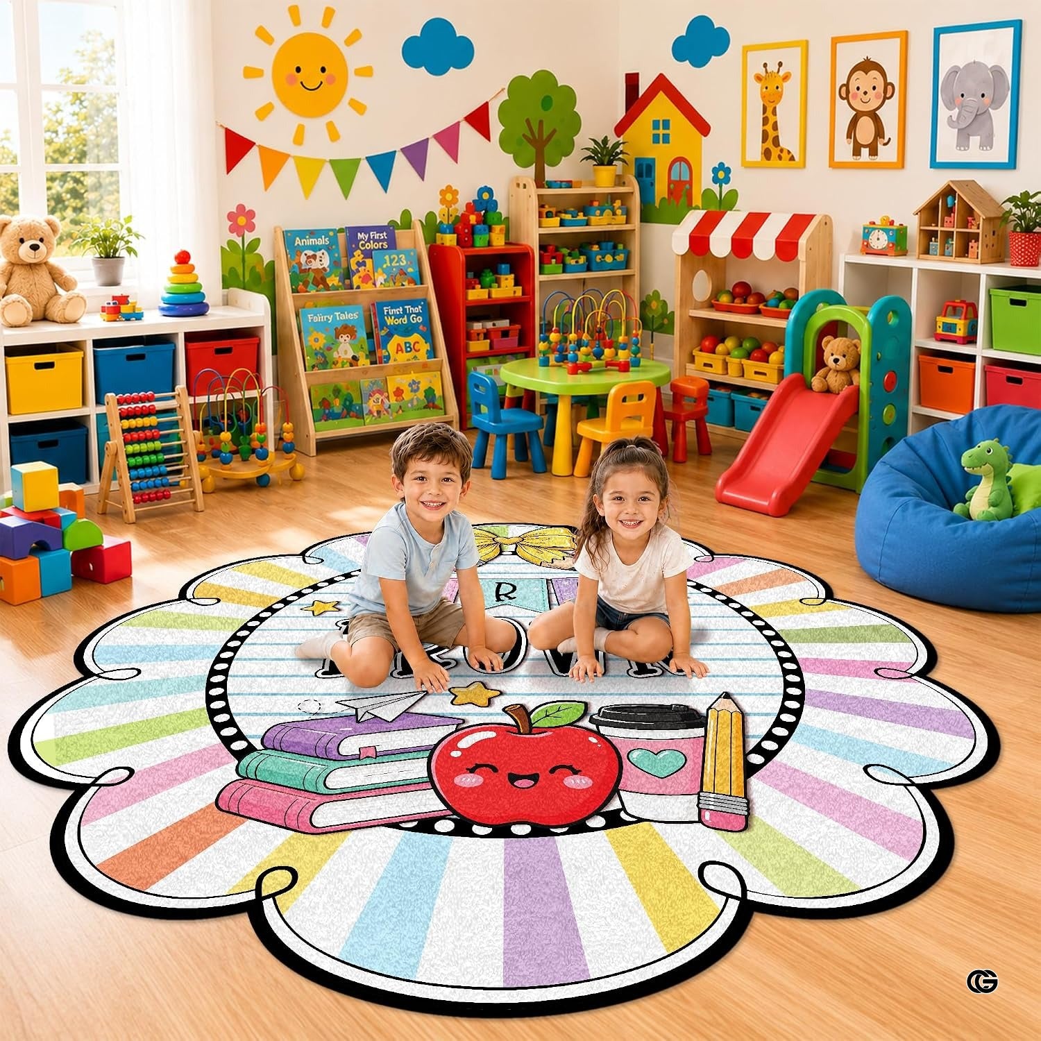 Personalized Composition Notebook Classroom Shaped Rugs for Kids (A02) | Custom Pennant Flag Carpet for Reading Corner, Non-Slip Apple Shape Rug Mat, Classroom Decor, Back To School Gift