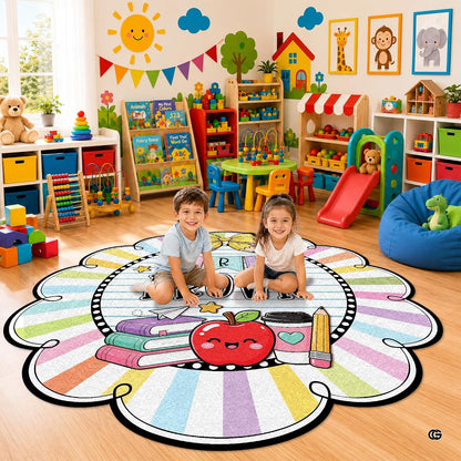 Personalized Composition Notebook Classroom Shaped Rugs for Kids (A02) | Custom Pennant Flag Carpet for Reading Corner, Non-Slip Apple Shape Rug Mat, Classroom Decor, Back To School Gift